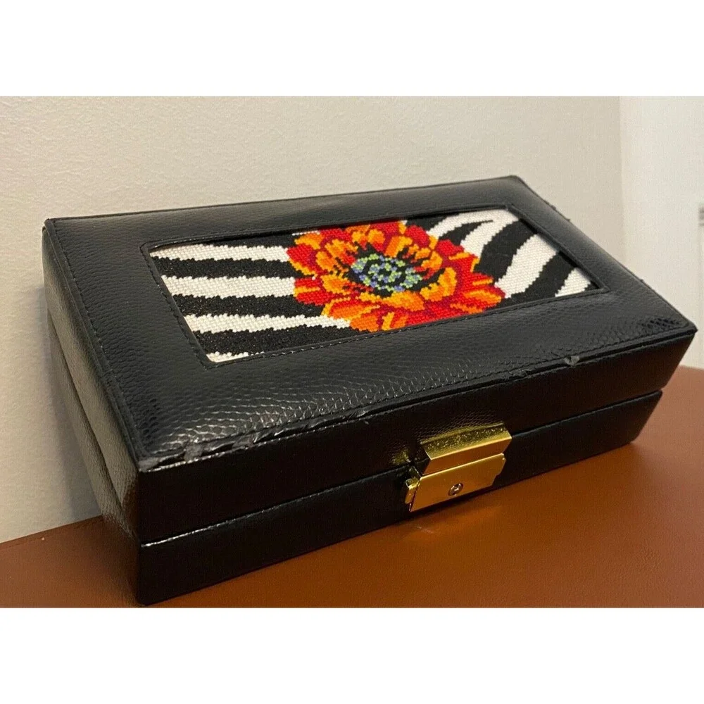 Vtg Floral Needlepoint Locking JEWELRY BOX Hand Stitched Black Zebra Small Lined